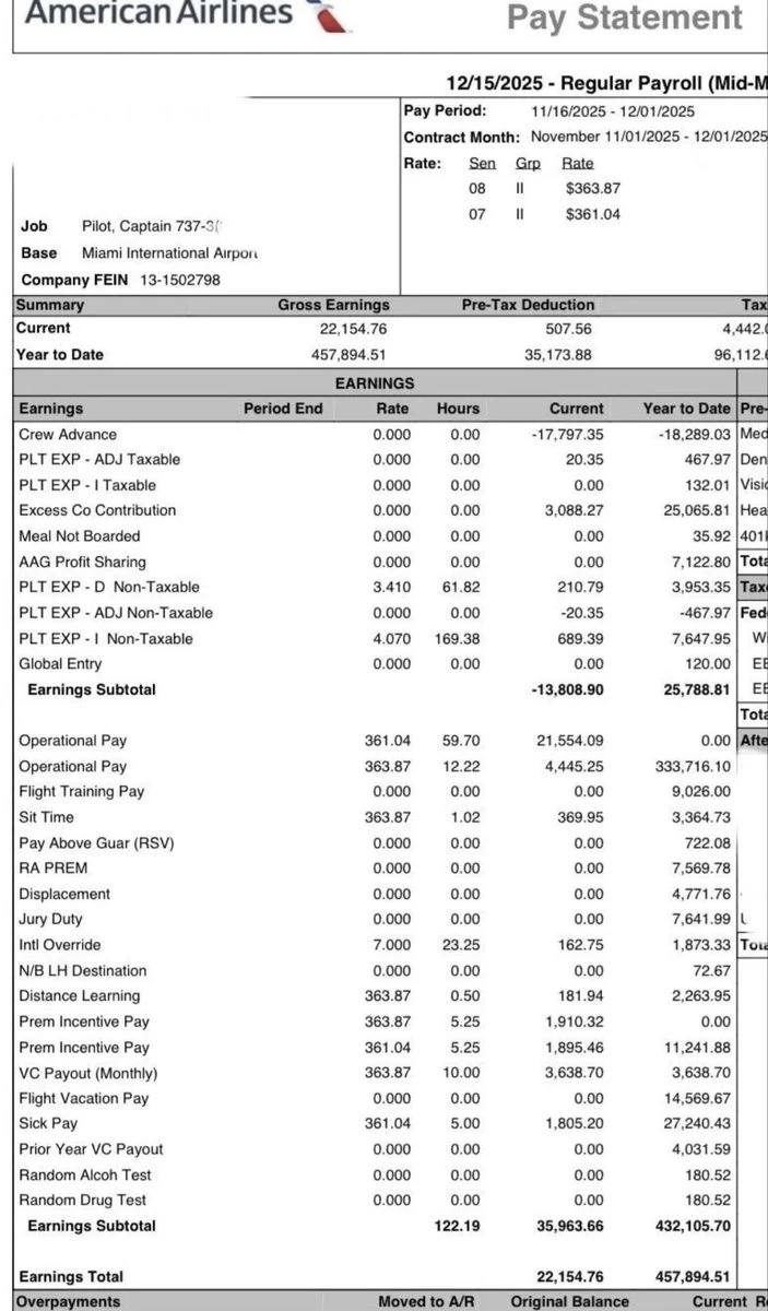 Leaked American Airlines Pilot Pay Stub Sparks Online Frenzy