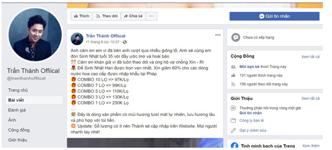 fanpage trấn thành, giả mạo trấn thành, trấn thành bán nước hoa, nước hoa trấn thành