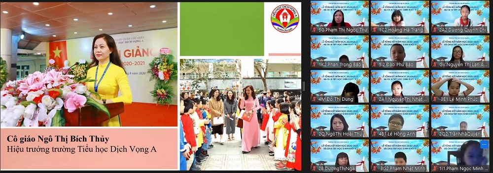 Do diễn biến dịch bệnh Covid-19 phức tạp, Trường Tiểu học Dịch Vọng A (Cầu Giấy, Hà Nội) đã tổ chức Lễ Tổng kết năm học 2020 – 2021 theo hình thức trực tuyến