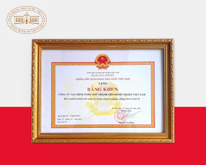 Bằng khen từ Ngân hàng Nhà nước Việt Nam trao tặng cho Home Credit Việt Nam