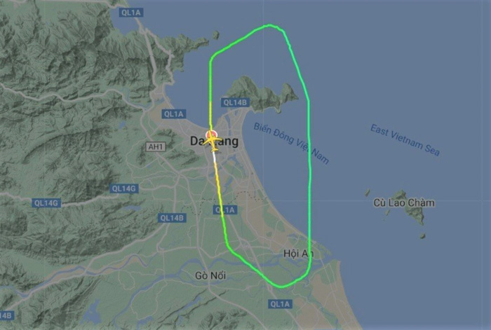 Máy bay Vietnam Airlines số hiệu VN7184 vừa cất cánh đã phải đáp khẩn cấp xuống sân bay Đà Nẵng trưa 27/7. Ảnh: Flightradar.