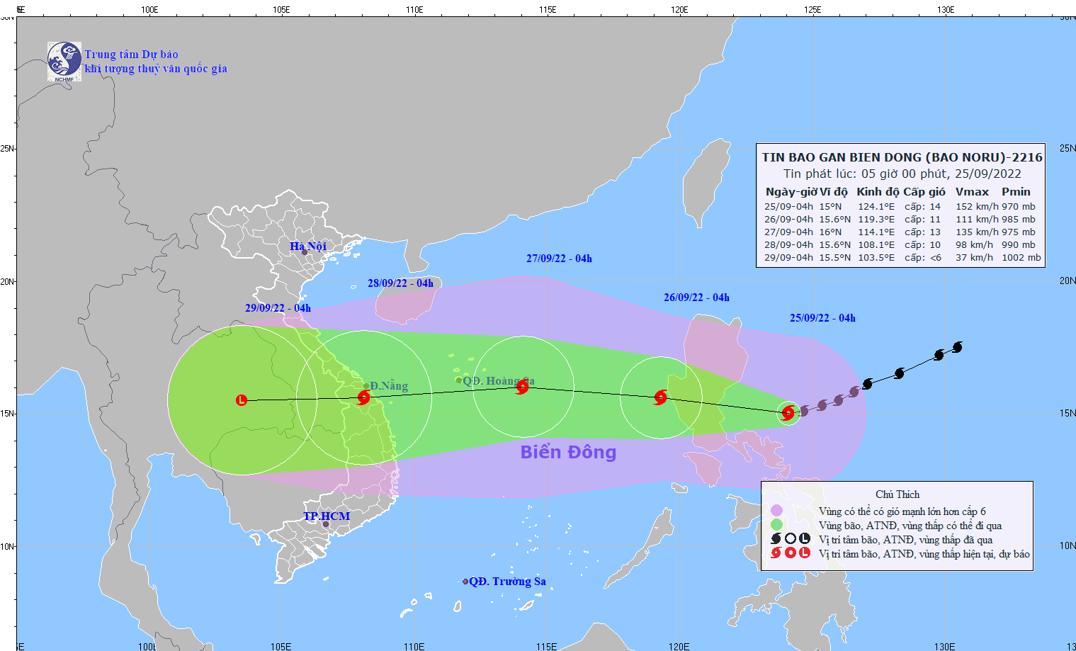 Tin bão Noru ngày 25/9:  Tâm bão mạnh cấp 14, di chuyển nhanh về miền Trung