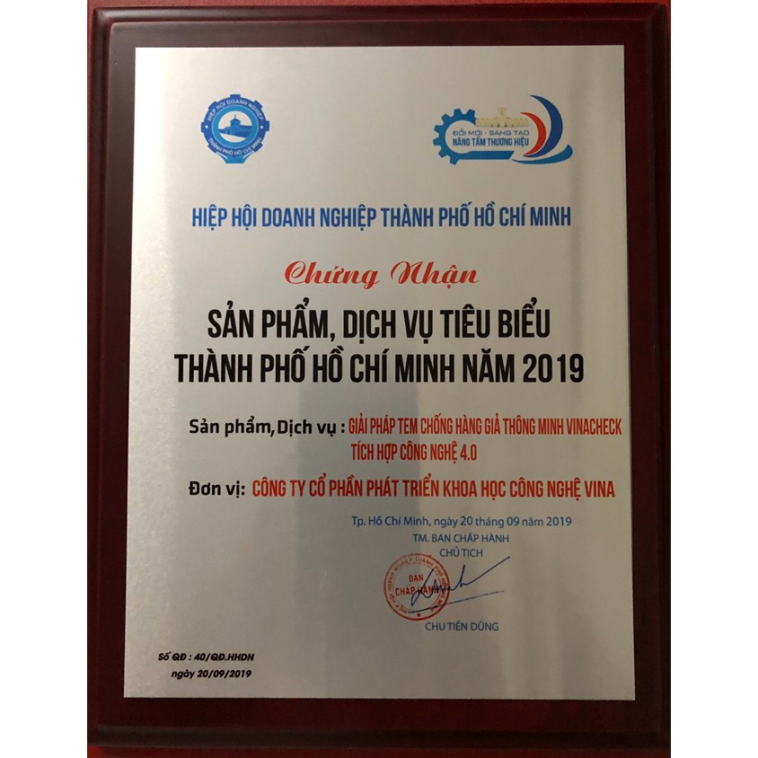 Sản phẩm tem chống giả Vina check công nghệ SMS 4,0 của Vina CHG nhận giải thưởng sản phẩm tiêu biểu TP HCM năm 2019