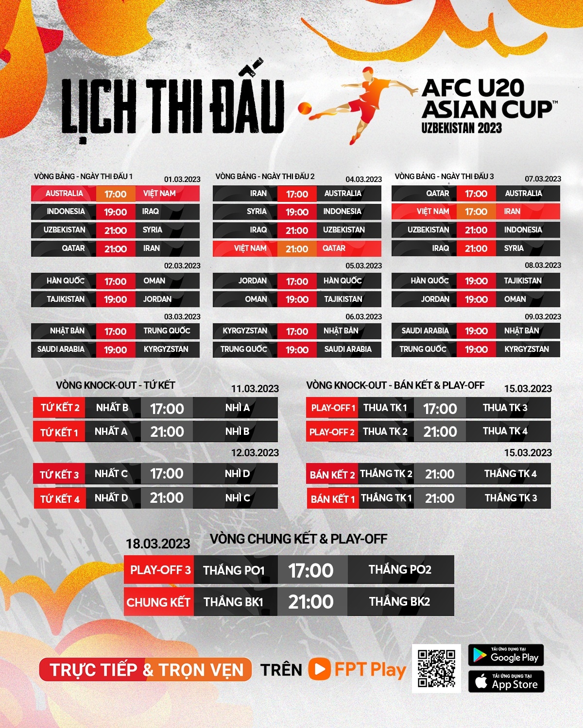 Lịch thi đấu VCK U20 châu Á 2023