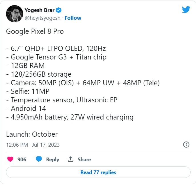 Google Pixel 8 Pro, thông số kỹ thuật Google Pixel 8 Pro