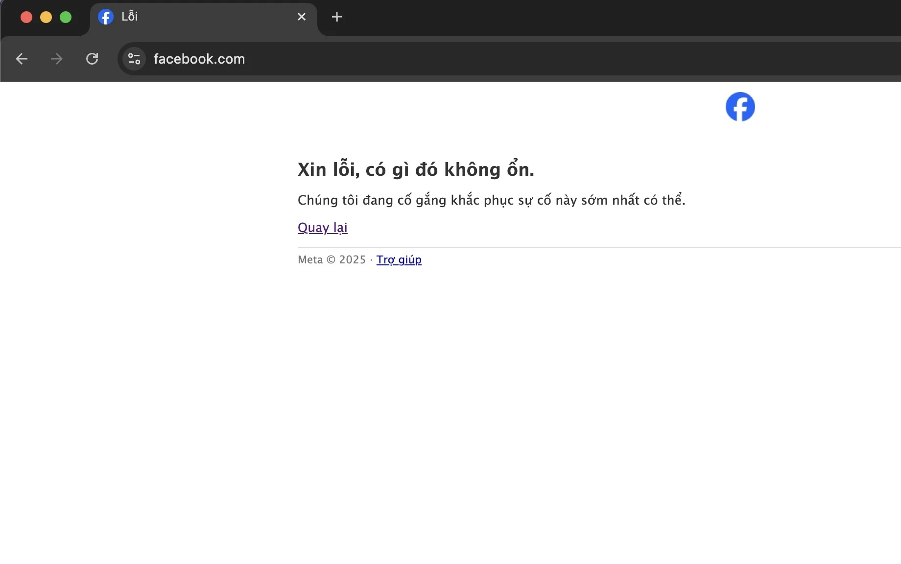 Facebook lỗi toàn cầu, Facebook không thể truy cập, Facebook sập trên trình duyệt, Facebook gặp sự cố 2025, Facebook bị lỗi hôm nay