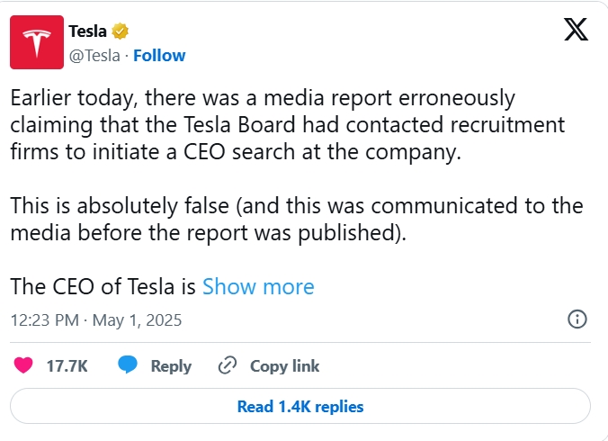Elon Musk, Tesla, CEO mới, WSJ, tin đồn thay thế, Wall Street Journal, phản bác, Tesla suy giảm doanh thu