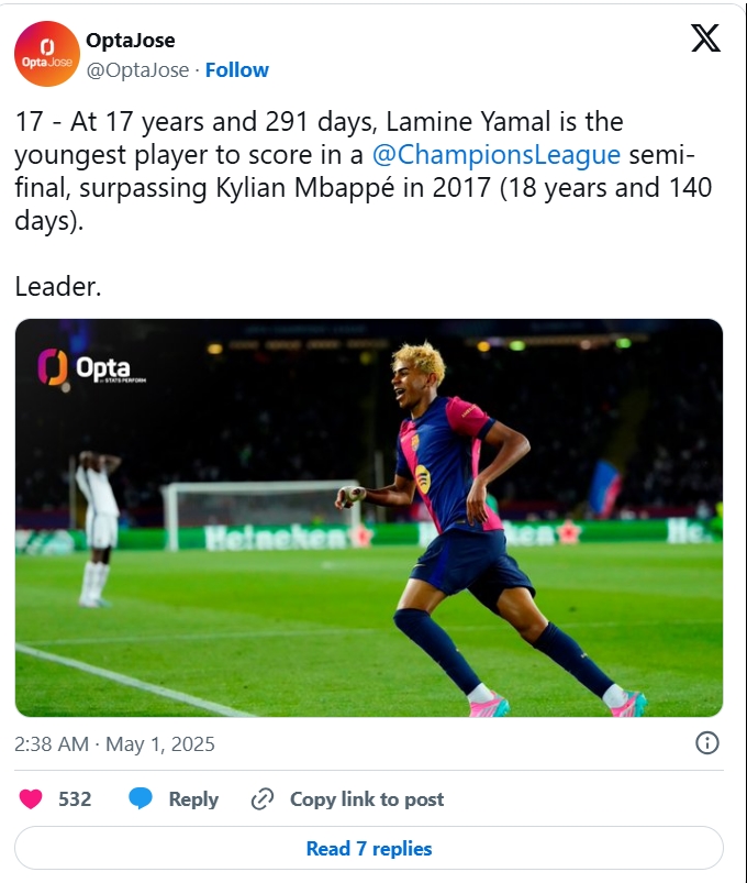 Lamine Yamal, Mbappe, Champions League, kỷ lục cầu thủ trẻ, Barcelona, Inter Milan, bàn thắng lịch sử