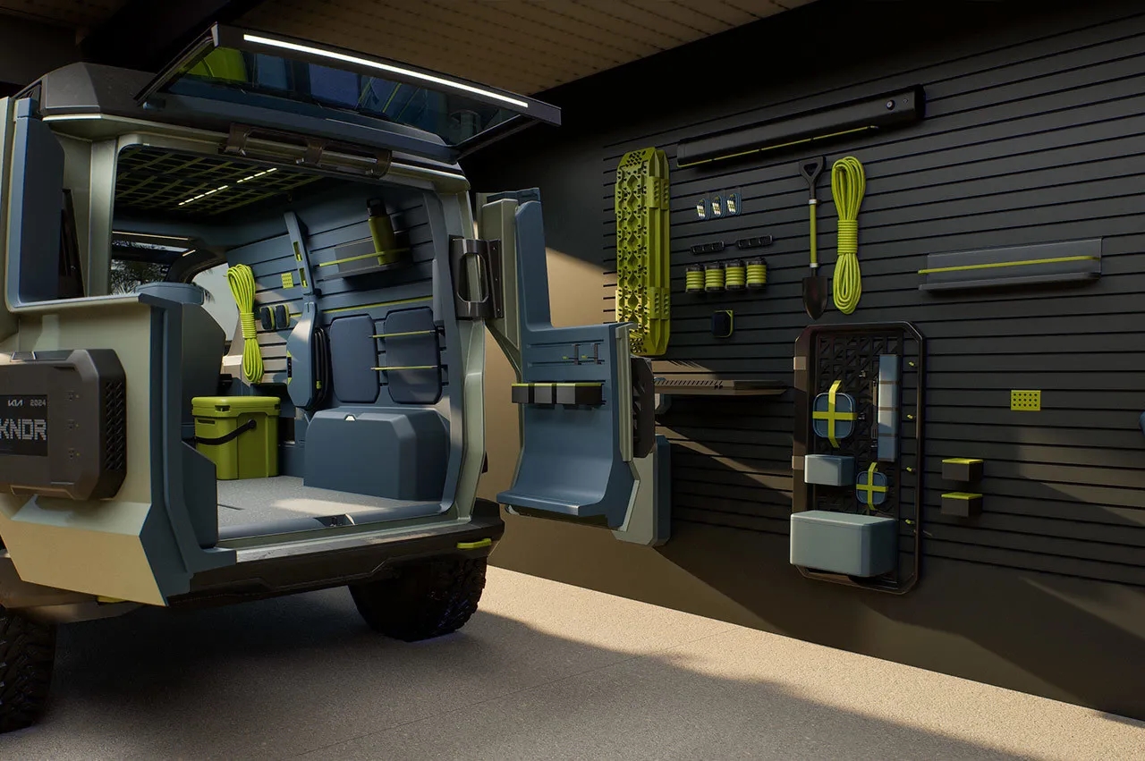 Xe van điện Kia WKNDR, bánh xe tua-bin, xe cắm trại tương lai, xe điện du lịch, concept EV Kia
