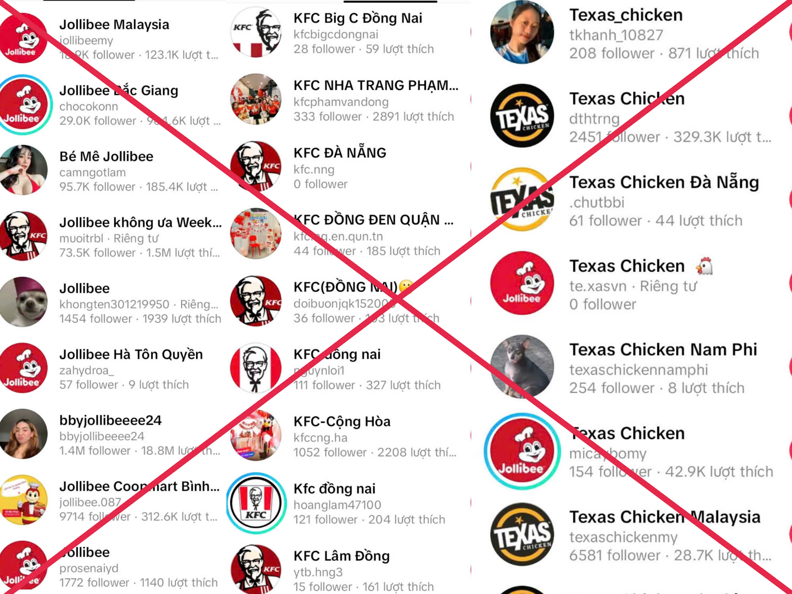 KFC bị mạo danh, Jollibee TikTok, Texas Chicken giả mạo, cảnh báo thương hiệu gà rán, lừa đảo Facebook gà rán
