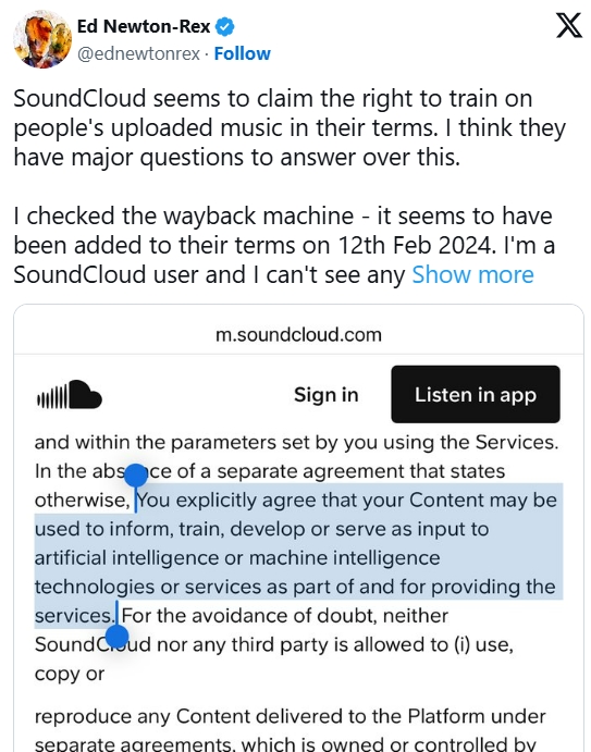 SoundCloud, AI, huấn luyện AI, điều khoản sử dụng, nội dung người dùng, quyền tác giả, trí tuệ nhân tạo, đạo đức công nghệ