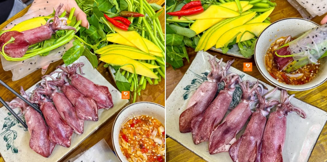 Mực cuốn rau muống, Mukbang mực