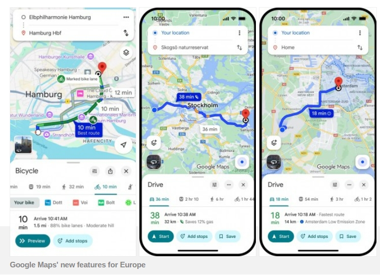 Google Maps, cập nhật châu Âu, chỉ đường, làn xe đạp, AI dự đoán, khu vực khí thải thấp, lộ trình tiết kiệm nhiên liệu
