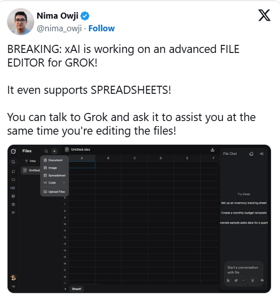 Grok, xAI, chỉnh sửa bảng tính, Grok Studio, AI productivity, Elon Musk, Grok Workspace, Google Gemini, OpenAI