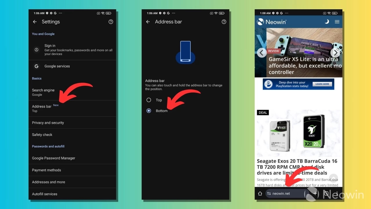 Chrome Android, thanh địa chỉ, Google Chrome, cập nhật trình duyệt, di chuyển thanh tìm kiếm