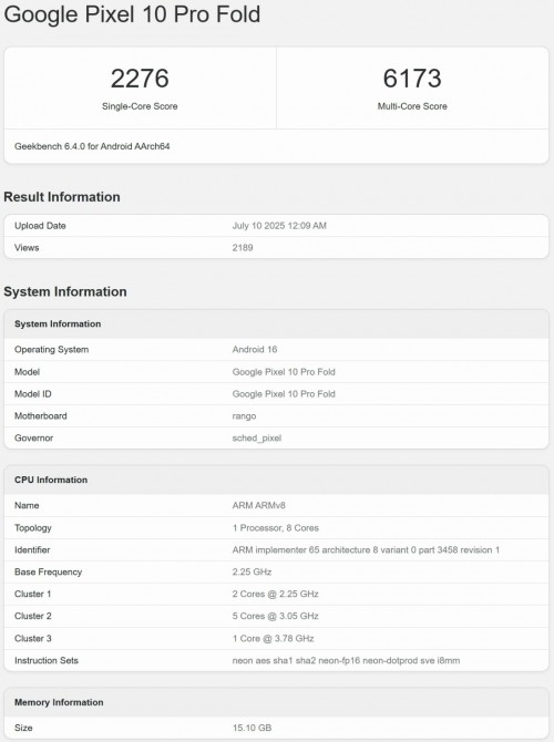 Google Pixel 10 Pro Fold, Geekbench, Tensor G5, Pixel 10, cấu hình Pixel 10 Pro Fold
