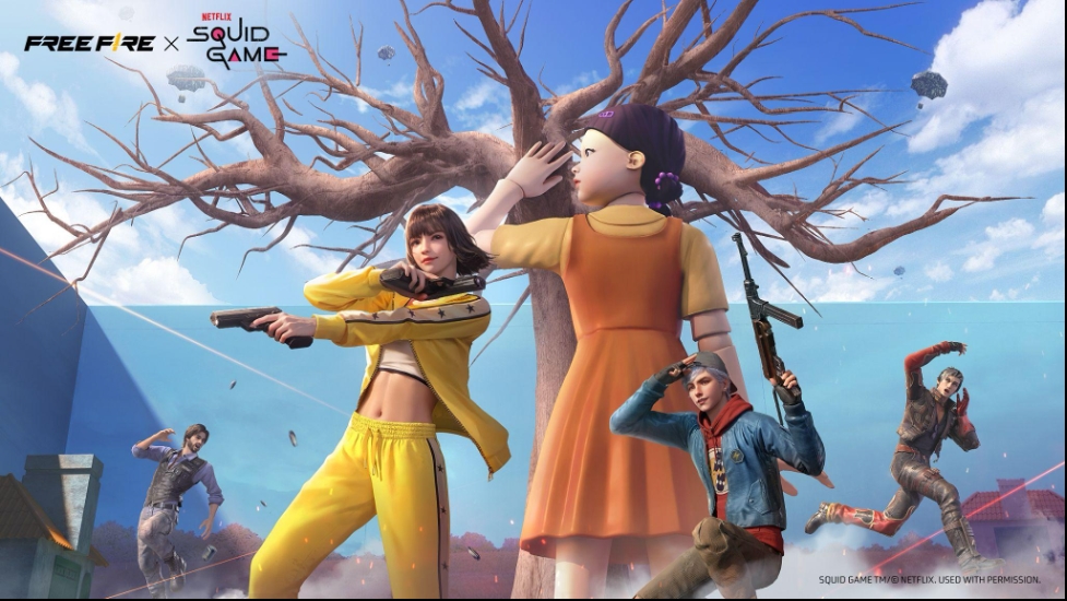 Squid Game, Free Fire, Búp bê Young-hee, kẹo Dalgona, cầu kính, trò chơi sinh tồn, sự kiện Free Fire