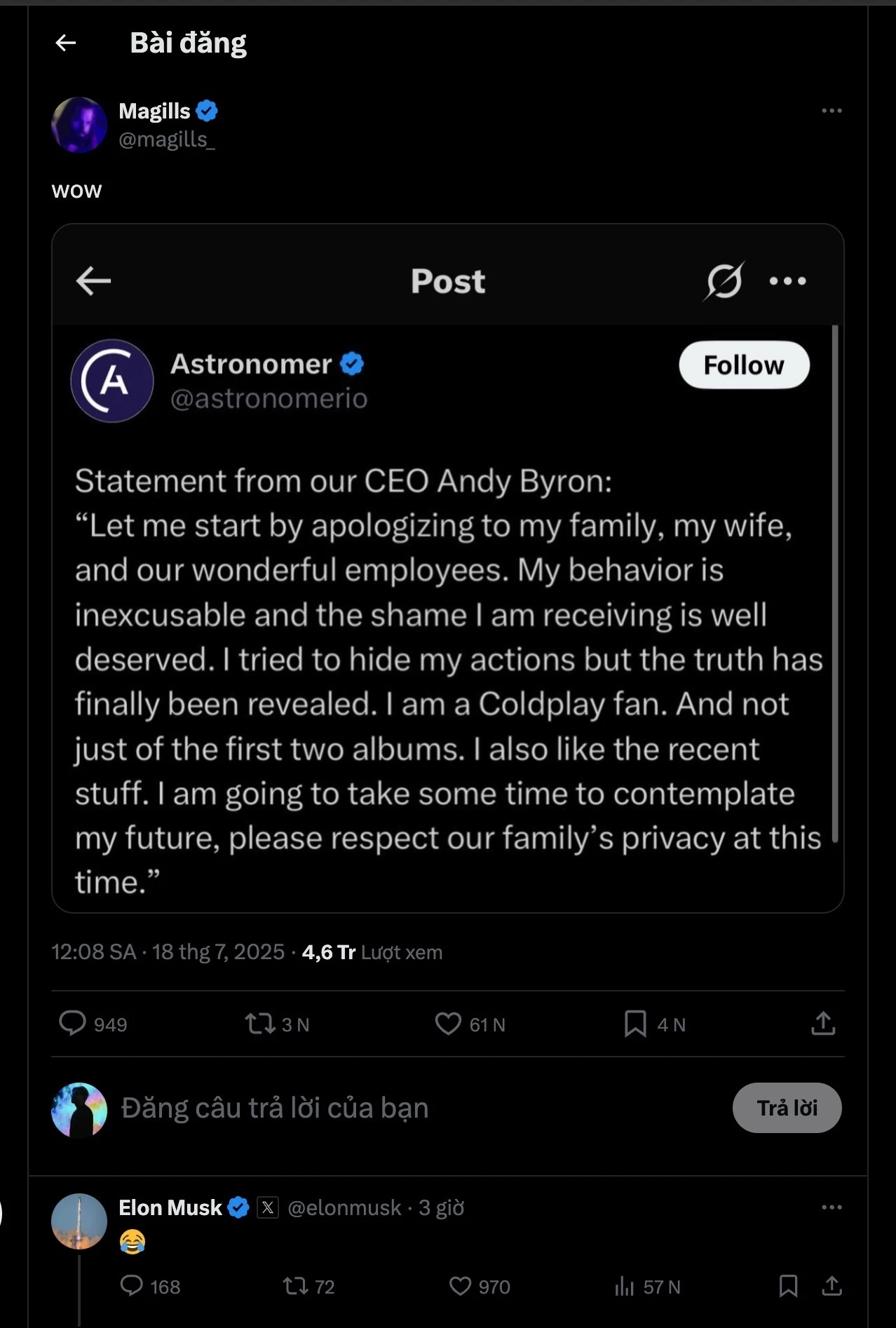 Elon Musk, CEO Astronomer, ngoại tình, Coldplaygate, mạng xã hội, scandal tình ái, X (Twitter)