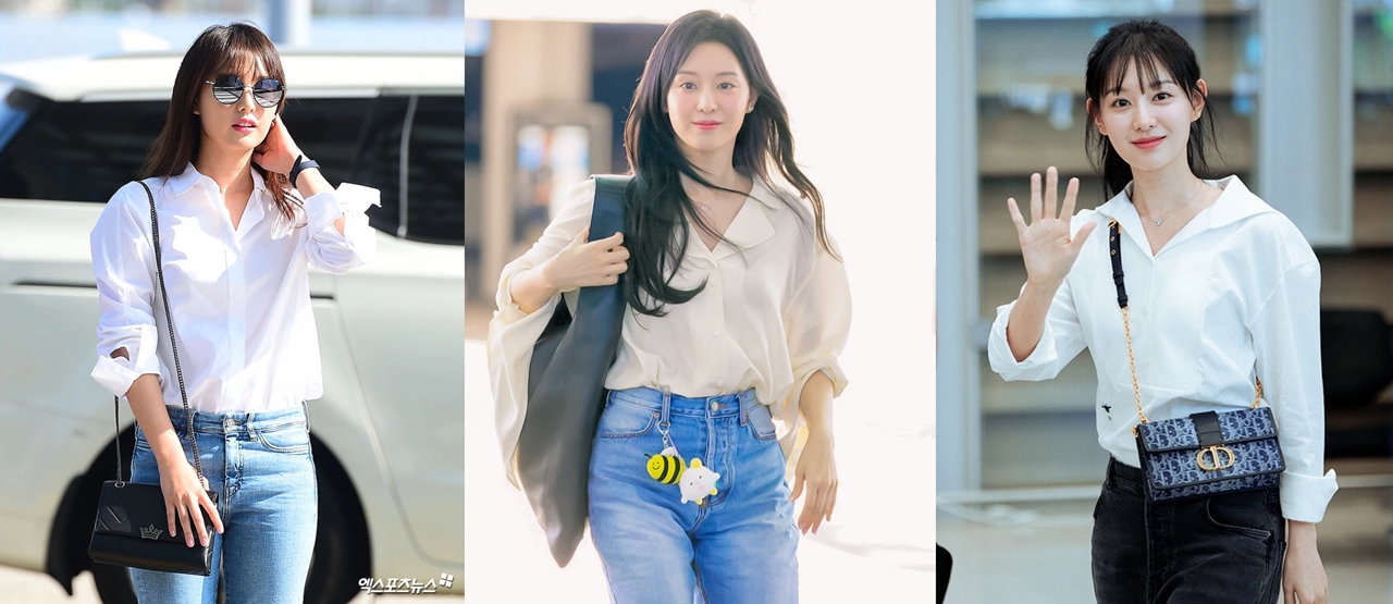 Kim Ji Won, gu thời trang, phong cách sân bay, sao Hàn mặc đẹp, sơ mi trắng, quần jeans