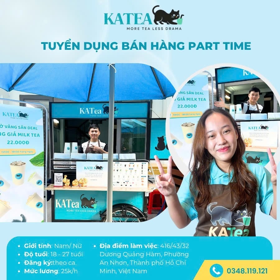 Tuyển nhân viên part-time, bán trà sữa, việc làm Gò Vấp, KATea, nhân viên bán hàng, việc làm sinh viên, tuyển dụng trà sữa