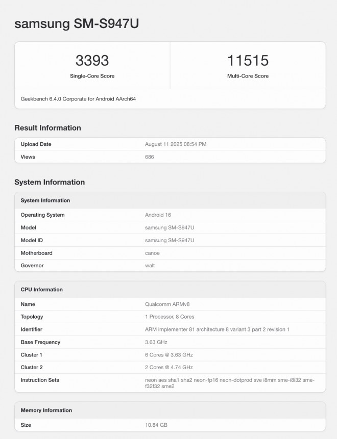Galaxy S26 Edge, Snapdragon 8 Elite 2, điểm Geekbench, cấu hình Galaxy S26 Edge, Samsung S26 Edge