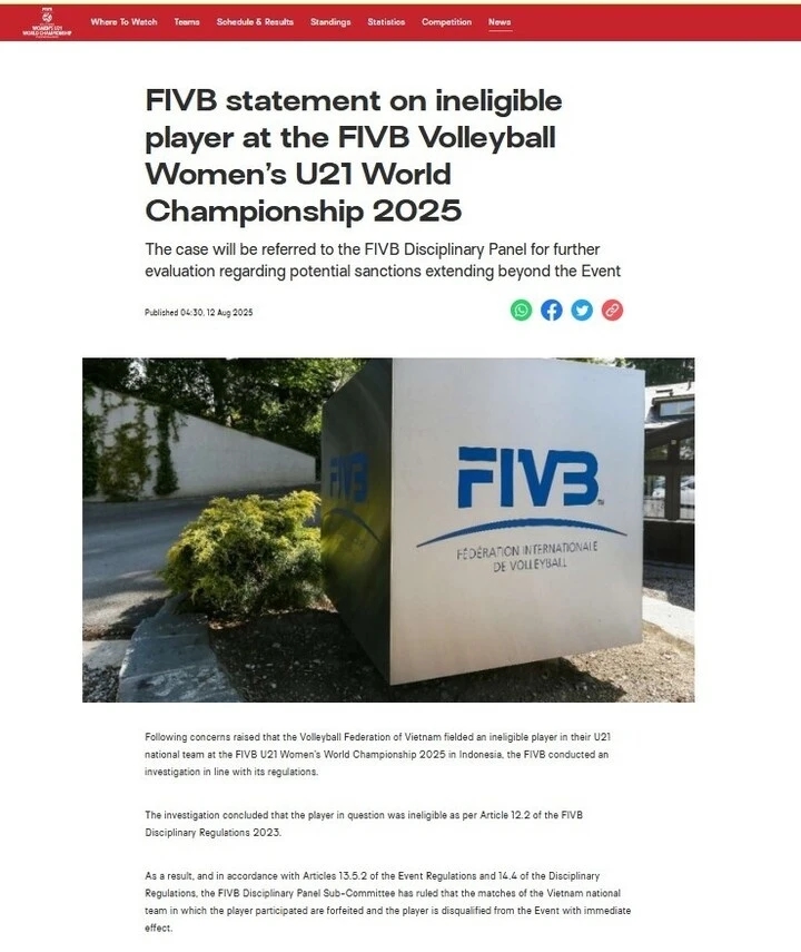 U21 bóng chuyền nữ Việt Nam, FIVB, chấn thương, vi phạm, xử thua, giải bóng chuyền U21 thế giới 2025