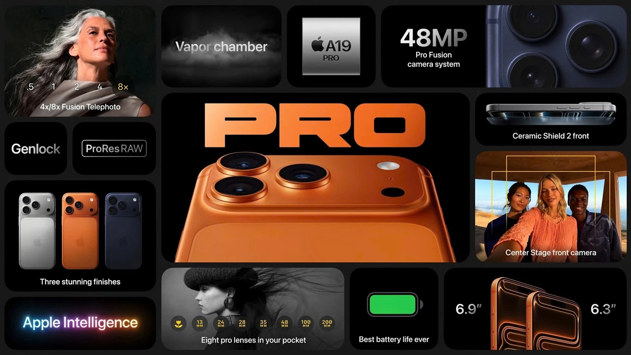 iPhone 17 Pro, iPhone 17 Pro Max, màu cam iPhone 17, tản nhiệt buồng hơi, chip A19 Pro, camera 48MP