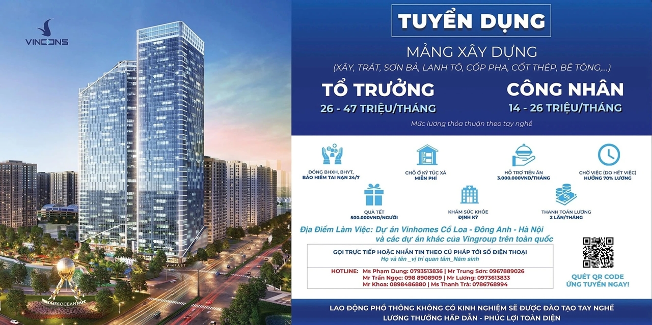 Vincons, Vingroup, Vinhomes, tuyển dụng, công nhân xây dựng, lương 47 triệu, việc làm xây dựng