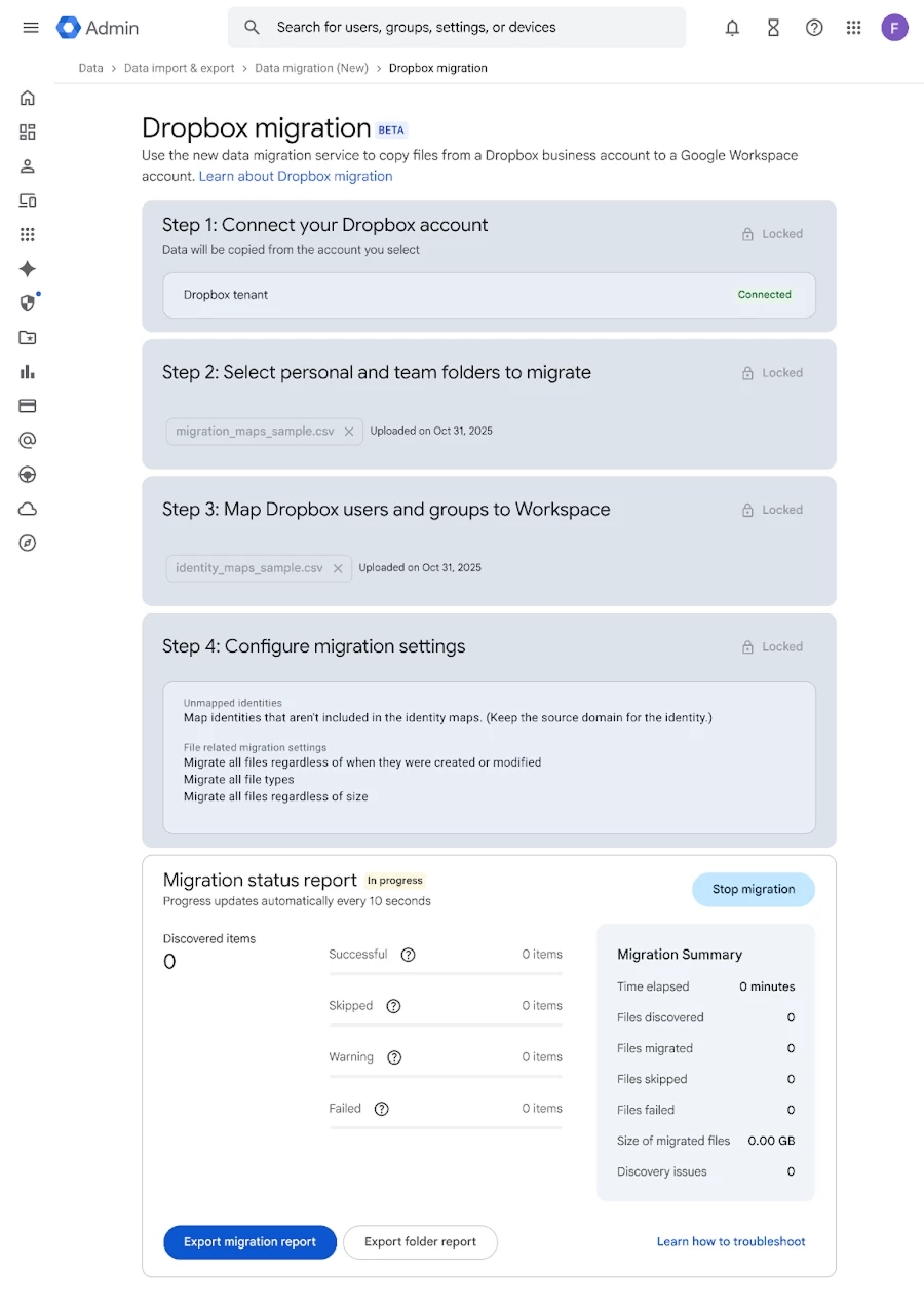 Google Drive, Dropbox, di chuyển dữ liệu, Data Migration Service, Google Workspace, chuyển file từ Dropbox sang Drive