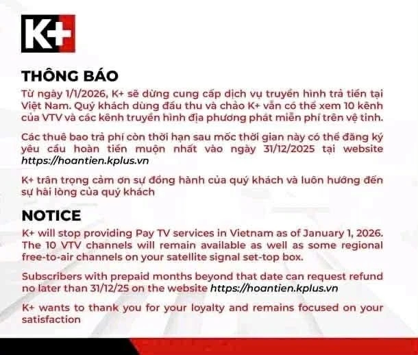 K+ hoàn tiền, K+ dừng hoạt động, hoàn tiền thuê bao K+, bản quyền Ngoại hạng Anh, SCTV dừng K+, K+ cắt sóng 31/12